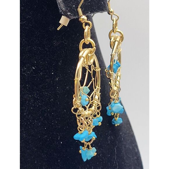 Vintage Gold tone Turquoise Dream Catcher Dangle Drop Earrings 3in - Picture 4 of 5